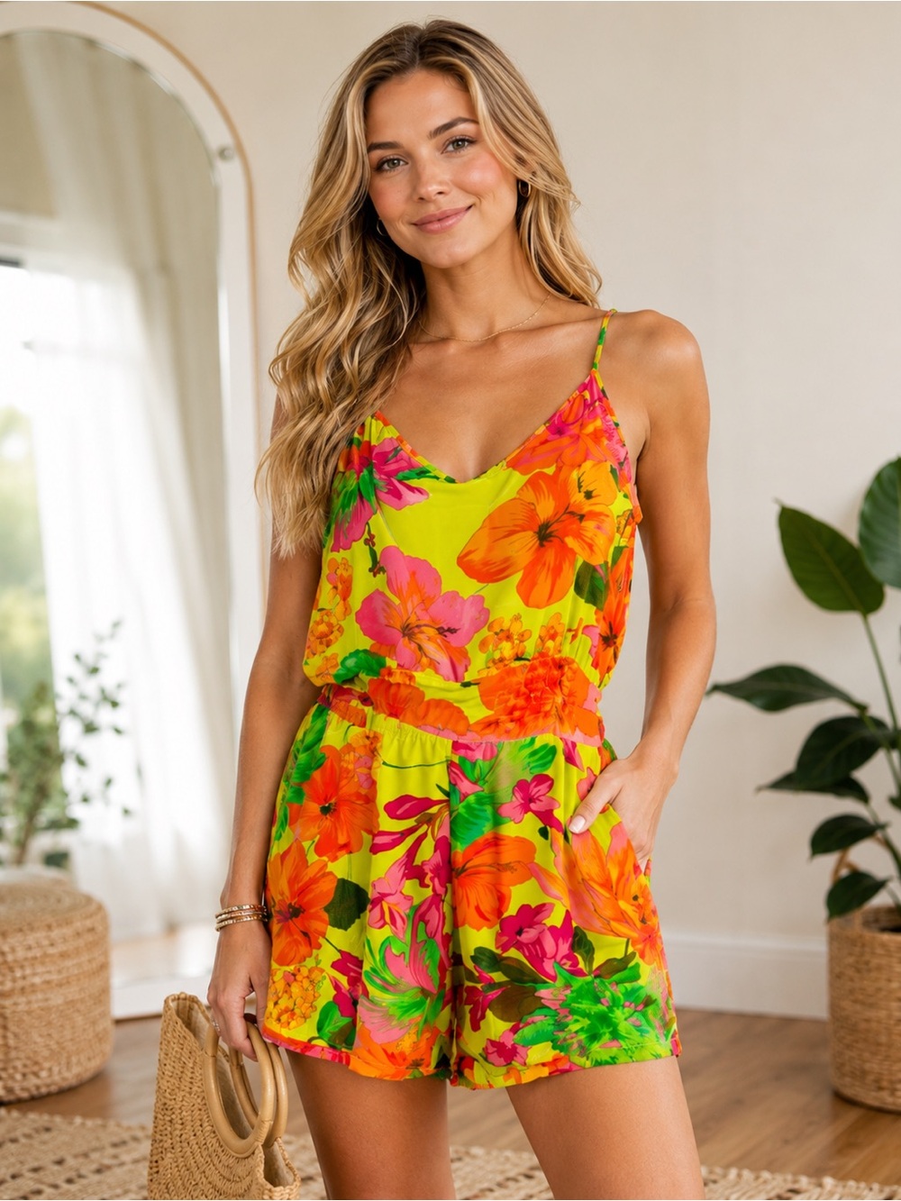 Lucy Love Tropical Floral Sleeveless Romper Rayon Size M